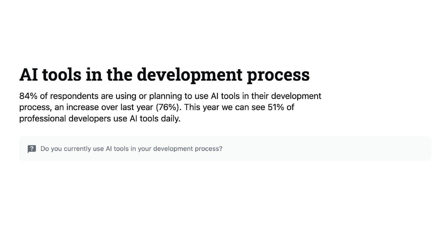 AI tools in the development process — 84% of respondents are using or planning to use AI tools