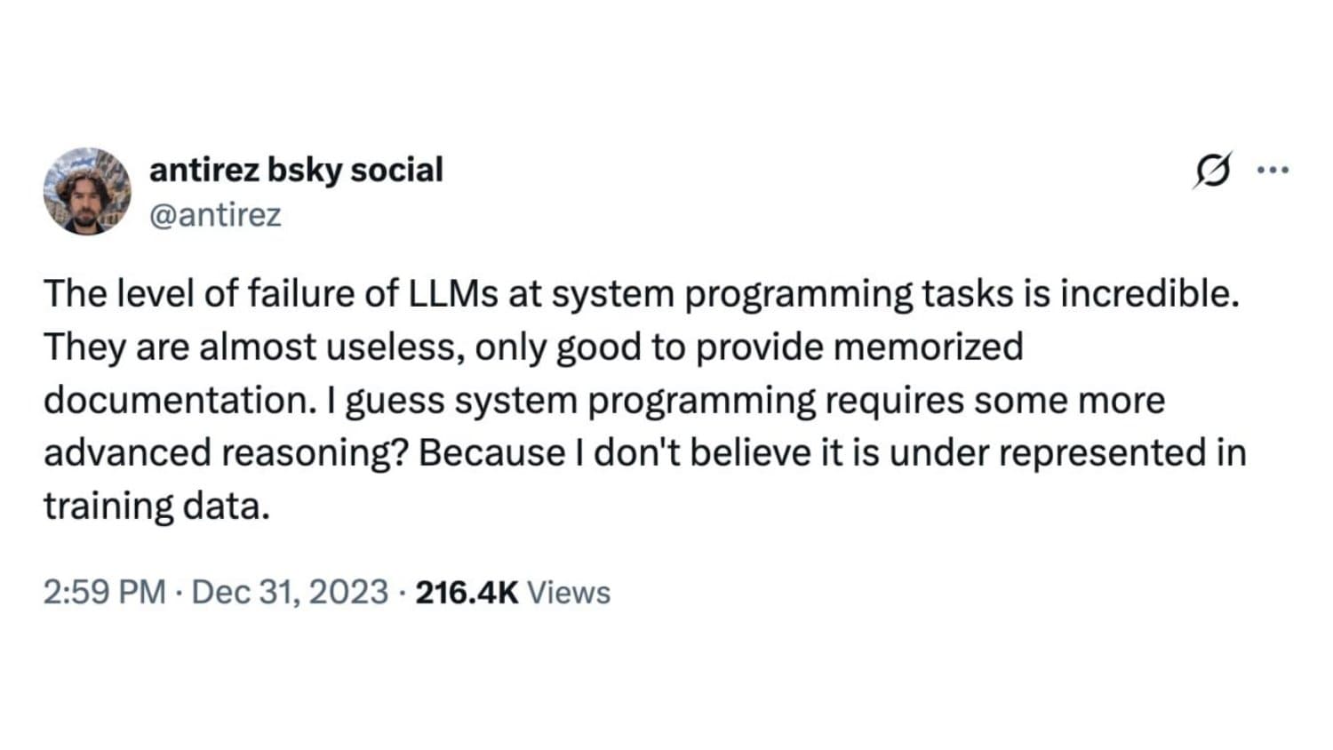 Salvatore Sanfilippo's 2023 tweet about LLMs being almost useless at system programming