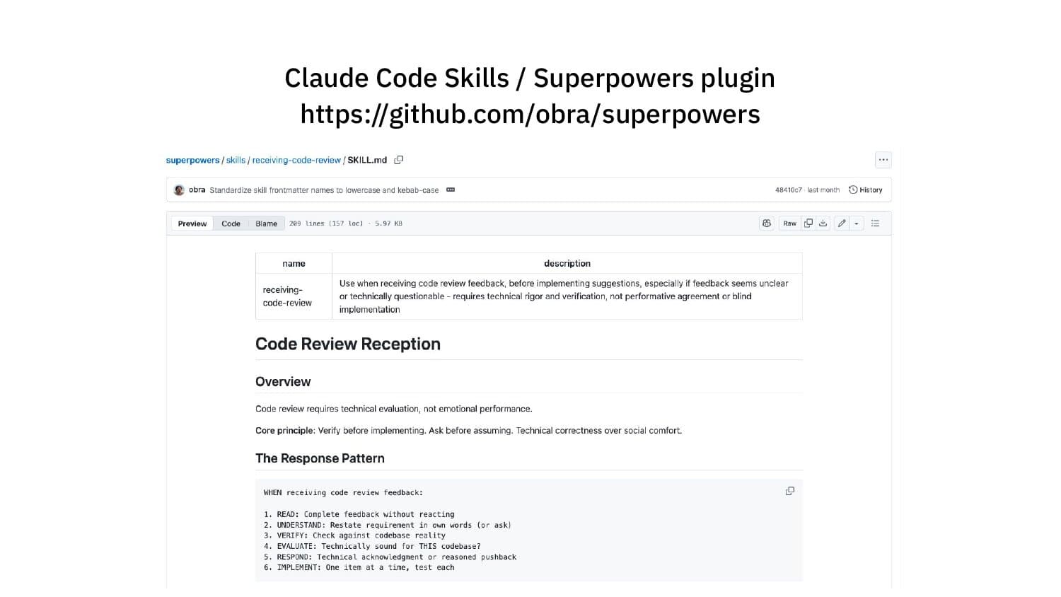 Superpowers skill: receiving-code-review SKILL.md showing verify-before-implementing pattern