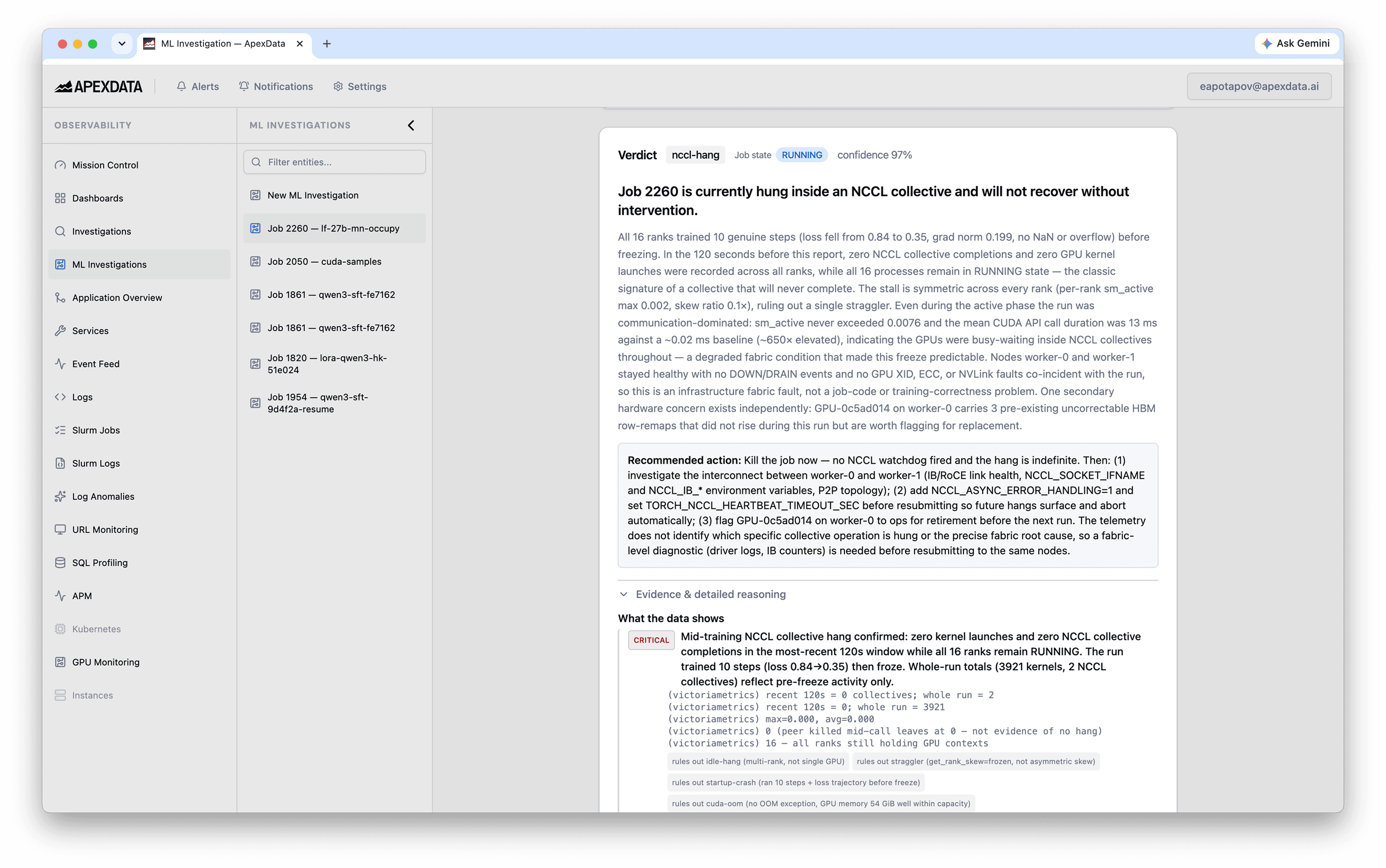 ML Investigation — grounded verdict with cited evidence